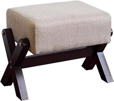 Linnen Voetenkruk - Gestoffeerde Ottoman - Ontspannen Zitten - Stabiele X-Poten - 32x27x20 cm - Walnootkleur