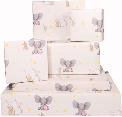 Cadeaupapier met olifanten en hazen, 6 vellen voor babyshower en doop
