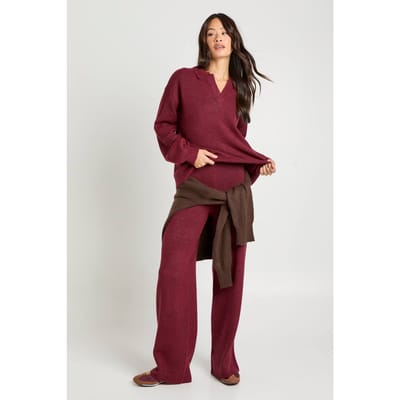 boohoo Dames Lange superzachte V-hals met kraag gebreide trui en rechte pijpen broek co-ord | Bordeaux Rood | Maat: Small
