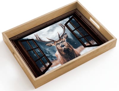 Dienblad hout 40x30 cm - Schootdienblad - Doorkijk - Hert - Dieren - Landschap - Winter - Sneeuw - Landelijk - Borrelplank rechthoek - Plateau dienbladen