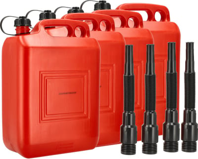 Jerrycan 10 Liter Rood – Set van 4 – UN-gekeurde Brandstof Jerrycans Voor Benzine en Diesel – Inclusief Lange Schenktuit en Vulslang – Lekvrije Kunststof Benzinetanks – Voor Auto, Boot, Werkplaats en Camping