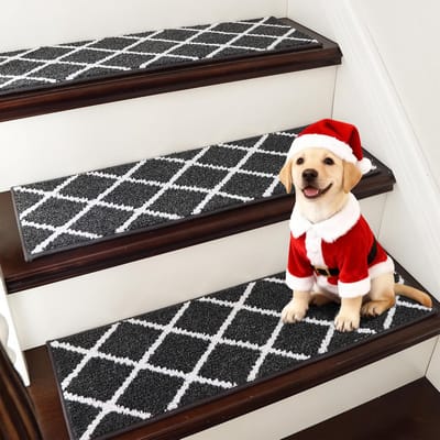 Vierdelige antislip trapmattenset, 76*22 cm, machinewasbaar, 100% polyester, zelfklevende TPE-rug, geschikt voor kinderen, ouderen en huisdieren, zwart.
