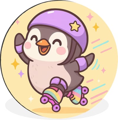 WallCircle - Wandcirkel - Muurcirkel - Pinguïn - Rolschaatsen - Geel - Energiek - Aluminium - Dibond - 30x30 cm - Binnen en Buiten