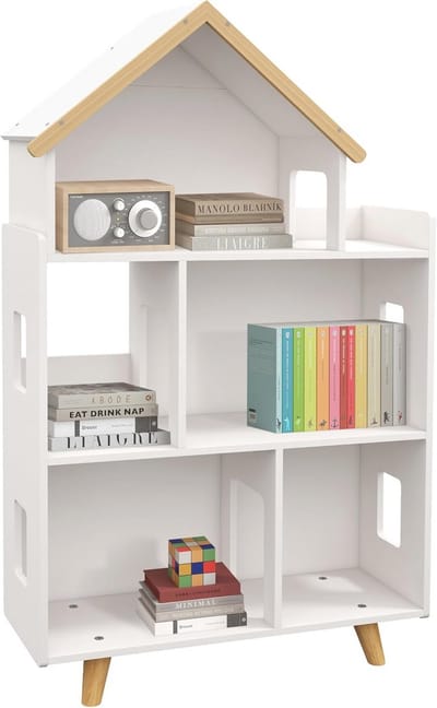Opbergrek voor Kinderspeelgoed en Boeken - Huisvorm, 3 Niveaus, Massief Hout, Wit en Natuur