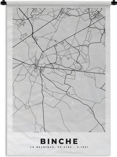 Wandkleed - Wanddoek - Zwart Wit – België – Plattegrond – Stadskaart – Kaart – Binche - 120x180 cm - Wandtapijt