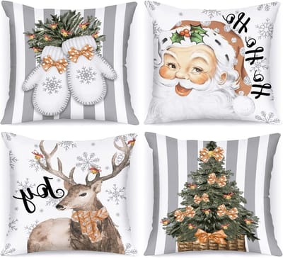 Set van 4 Vintage Kussenslopen in Wit en Grijs voor Kerstdecoratie, Retro Santa Claus Kussens voor Sofa en Bed, 50x50cm