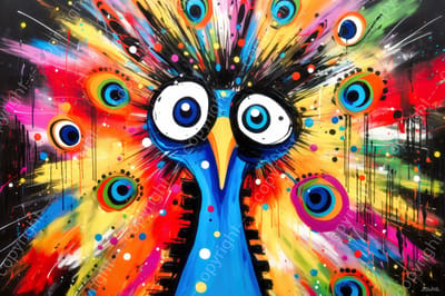John Joseb Art (Canvas) 120x80 | Gekke pauw, abstract in Herman Brood stijl, kleurrijk, felle kleuren, kunst | vogel, dier, rood, oranje, groen, geel, blauw, modern | Foto-Schilderij canvas print (wanddecoratie)