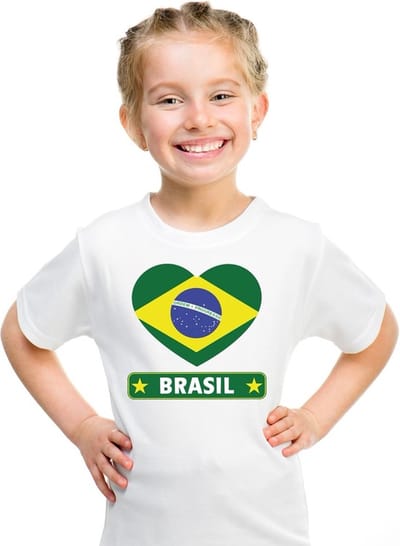 Brazilie Supporters t-shirt - kinderen - hartjes vlag - wit - korte mouwen - sport - kleding 110/116