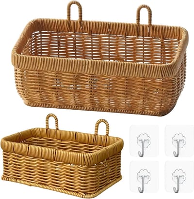 Set van 2 Rieten Opbergmanden voor Muurbevestiging - Decoratieve Opbergoplossing voor Woonkamers, Slaapkamers en Kantoren