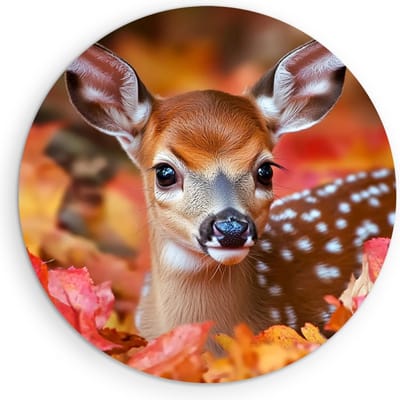 Saammp Muurcirkel Hout - Kalfjes hert tussen de bladeren - Natuur - Dieren - Ø 90 - Wandcirkel - Wanddecoratie Cirkel - Muurdecoratie Woonkamer - Slaapkamer decoratie - Rond Schilderij