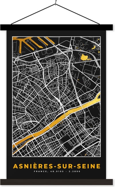 Posterhanger incl. Poster 40x60 cm - Schoolplaat - Plattegrond – Asnières-sur-Seine – Stadskaart – Kaart – Frankrijk - Textielposter - Zwarte latten - Stadskaart