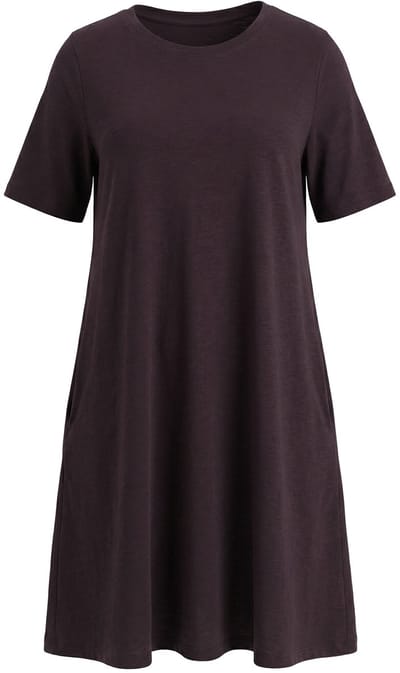 Ulla Popken - Dames - Jersey jurk A-lijn ronde hals korte mouw zakken - Mahonie - Maat 50+
