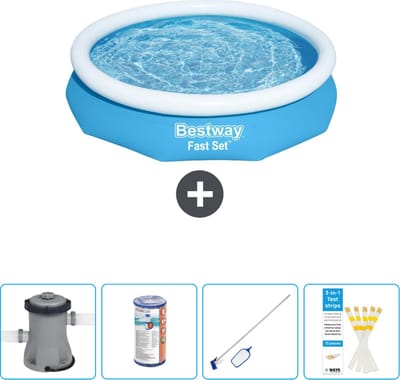 Bestway Rond Opblaasbaar Fast Set Zwembad - 305 x 66 cm - Blauw - Inclusief Pomp Filter - Schoonmaakset - Testrips