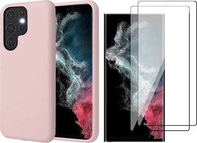 Hoesje geschikt voor Samsung Galaxy S22 Ultra - Matte Back Cover Microvezel Siliconen Case Hoes Roze - 2x Full Tempered Glass Screenprotector