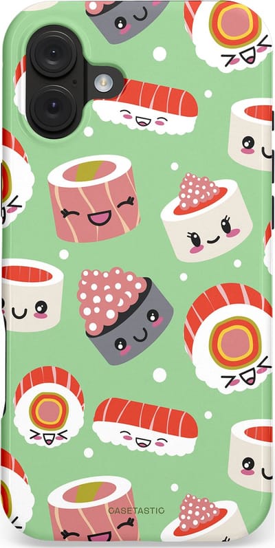 Casetastic hoesje geschikt voor Apple iPhone 16 Plus - MagSafe - Dubbellaagse bescherming - Sushi wonders - Fashion Case - Mintgroen Wit Koraal Perzik