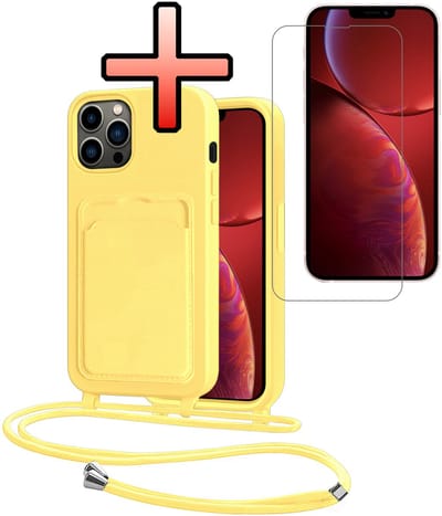 Hoes Geschikt voor iPhone 13 Pro Hoesje Pasjeshouder Cover Met Koord Case Siliconen Hoes Met Telefoonkoord en Kaarthouder Met Screenprotector - Geel