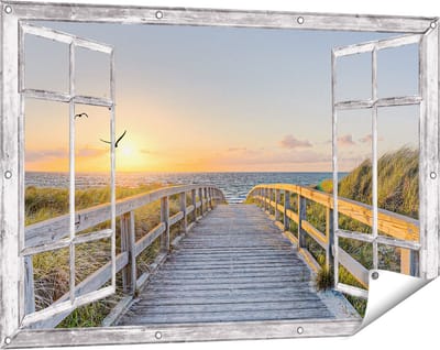 Gards Tuinposter Doorkijk Voetpad met Zee en Vogels - 120x80 cm - Tuindoek - Tuindecoratie - Wanddecoratie buiten - Tuinschilderij
