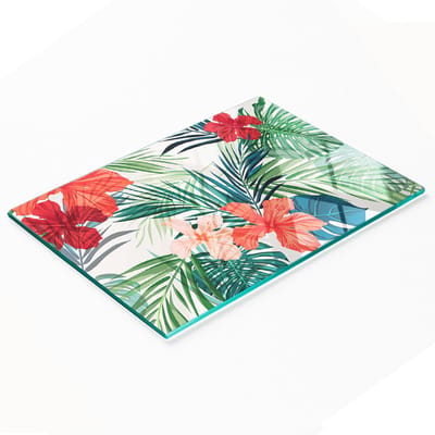 Stijlvol en duurzaam glazen bord met print van tropische bloemen, 80x52 cm
