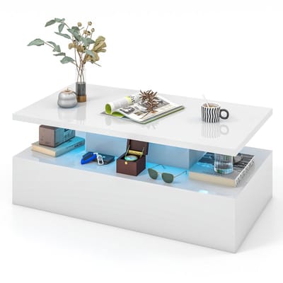 COSTWAY Led-salontafel, hoogglans, woonkamertafel met instelbare lichtkleuren en helderheid, afstandsbediening, tafel met 2 niveaus, rechthoekige salontafel voor woonkamer, wit, 110 x 60 x 40 cm