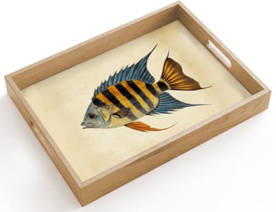 Dienblad hout 40x30 cm - Schootdienblad - Vis - Tropisch - Strepen - Vinnen - Borrelplank rechthoek - Plateau dienbladen