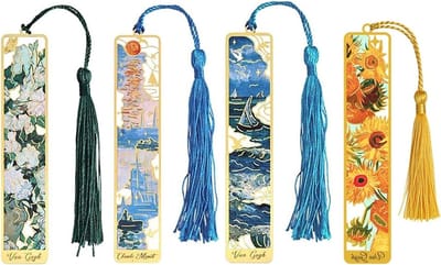 Set van 4 metalen boekenleggers met olieverfschilderij en tassel, gepersonaliseerde vintage boekenleggers voor boekenliefhebbers, vrouwen en leraren, perfect cadeau voor lezers