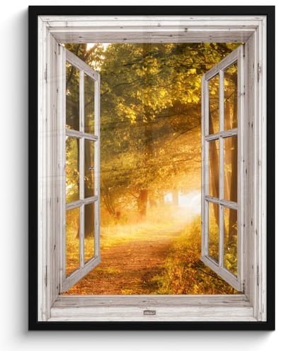 Poster in lijst - Fotolijst 50x70 cm - Posters - Bos - Bomen - Zonlicht - Herfst - Bospad - Natuur - Doorkijk - Posterlijst zwart - Decoratie - Wanddecoratie woonkamer - Muurdecoratie slaapkamer