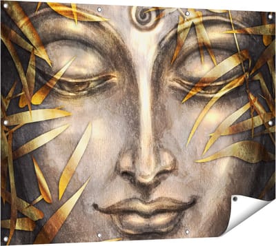 Gards Tuinposter Boeddha Beeld met Gouden Bladeren - 120x90 cm - Tuindoek - Tuindecoratie - Wanddecoratie buiten - Tuinschilderij