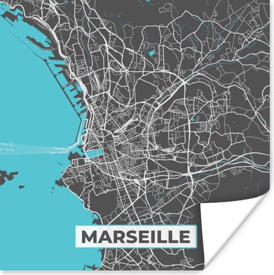 Poster Marseille - Frankrijk - Kaart - Plattegrond - Stadskaart - 100x100 cm XXL