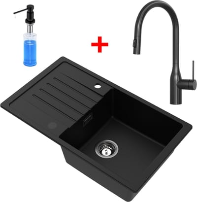 CECIPA max Spoelbak Antraciet 78x45CM - Granieten Spoelbakken Keuken Met Uittrekbare Uitloop Keukenkraan - Enkele Spoelbak Met Zeepdispenser 300ML - Spoelbak Met Afdruiprek - Spoelbakken Incl. Sifon en Afvoerzeefje