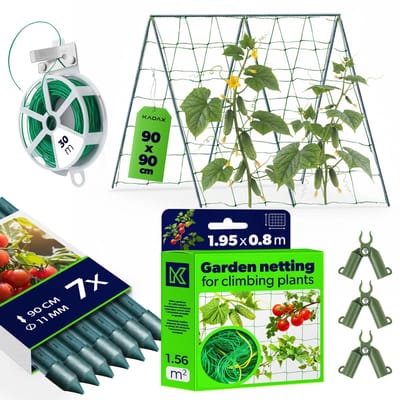 KADAX komkommer trellis set - 7 x plantstok 90 cm, trellis net 1,8 x 1,8 m, 3 x plantstok connectors, 30 m tuindraad - komkommer trellis, trellis, komkommer trellis