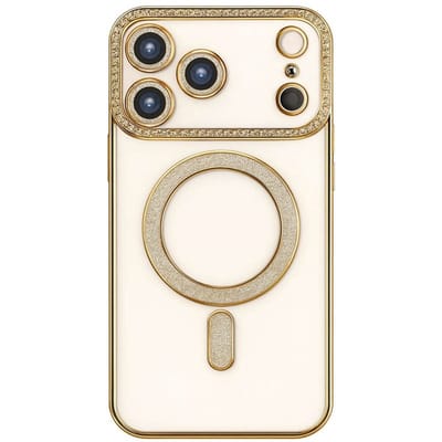 Hoesje met Diamantjes en Glitter Geschikt voor: Apple iPhone 17 Pro Max - MagSafe Glitter Hoesje - Goud met Diamanten steentjes - Glamour Hoesje