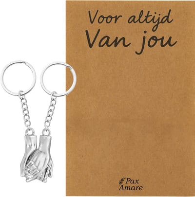 Koppel Sleutelhanger voor 2 'Voor altijd van jou' - Handjes Vasthouden - Sleutelhanger set op Cadeau Kaartje - Zilverkleurig - Persoonlijke Hanger - Pax Amare