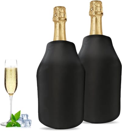 Wijnkoelmanchet, 2 stuks koelmanchetten, wijn, waterafstotende stof, flessenkoeler manchet voor wijn, bier, champagne, champagne, flessen (zwart)