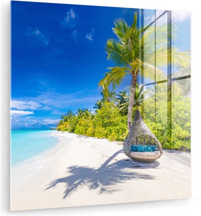 MuchoWow® Glasschilderij 90x90 cm - Schilderij acrylglas - Strand - Palm - Hangstoel - Foto op glas - Muurdecoratie woonkamer - Wanddecoratie slaapkamer - Schilderijen
