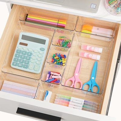 Famanu – Set van 44 lade-organizers, transparante opbergbakken in 4 maten voor make-up, slaapkamer, keukengerei en kantoor
