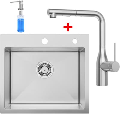 SOFETIY MAX Spoelbak voor keuken 50 x 45 cm - Spoelbak Keuken Met Keukenkraan en Zeepdispenser 300ML - Keukenwasbak voor Inbouw - Wasbak Keuken Met Waterafvoersysteem - RVS