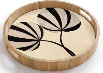 Dienblad rond 40x40 cm - Schootdienblad hout - Bladeren - Gestreept - Stengel - Beige - Borrelplank rechthoek - Plateau houten dienbladen