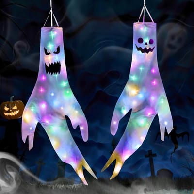 Halloween decoratie - Grote Ghost Windsokken met LED-verlichting - 2 stuks - hangende geest - schattige horror - tuin vliegende geest vlag windsokken - binnen buiten - horror thema feest