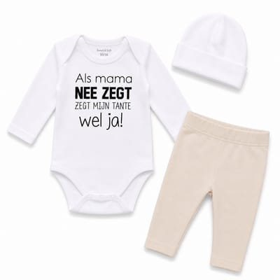 Baby cadeau geboorte unisex jongen of meisje Setje 3-delig newborn | maat 62-68 | grijs mutsje en broekje en romper lange mouw wit met zwarte tekst als mama nee zegt zegt mijn tante wel ja | pakje | Kraamcadeau