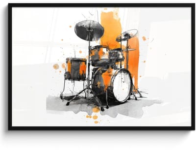 Poster in lijst - Fotolijst 120x80 cm - Posters - Drumstel - Oranje - Zwart - Aquarelverf - Posterlijst zwart - Decoratie - Wanddecoratie woonkamer - Muurdecoratie slaapkamer