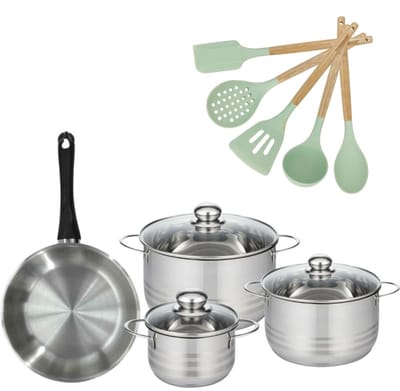 Set Koekenpan 24cm en 3 Kookpannen 16/20/24cm Fackelmann Genève met 5 keukengerei