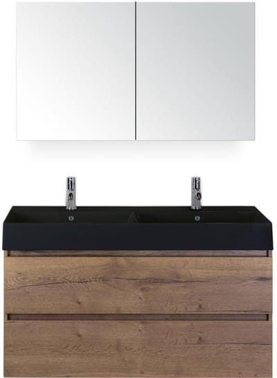Maxx XL Badmeubelset 120 cm - Tabacco - Wastafel Kube Dubbel Zwart 2 Kraangaten met Spiegelkast