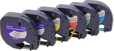 KATRIZ® huismerk label tape voor Dymo | 2x 91200(Zwart op Wit) + 1x 91203(Zwart op Rood) + 1x 91205(Zwart op Blauw) + 1x 91202(Zwart op Geel) + 1x 91204(Zwart op Groen) | 12mm*4m | 6 stuks