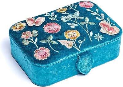 Sieradendoos Blauw - Tarotdoos Blauw Fluweel met Bloemen Borduurwerk