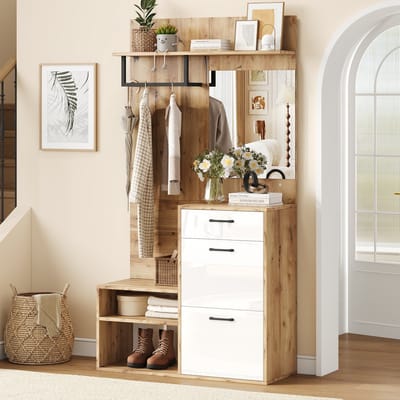 STILVORA Garderobekast - Garderobe Met Spiegel En Zitbank - 1 Lade - 2 Klapdeuren - Spaanplaat - 100x38,5x190 cm - Wit+Lichtbruin
