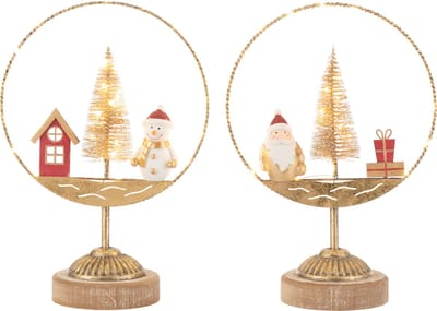 J-Line decoratie Cirkel Kestman/Sneeuwman - goud/roest - 2 stuks - LED lichtjes