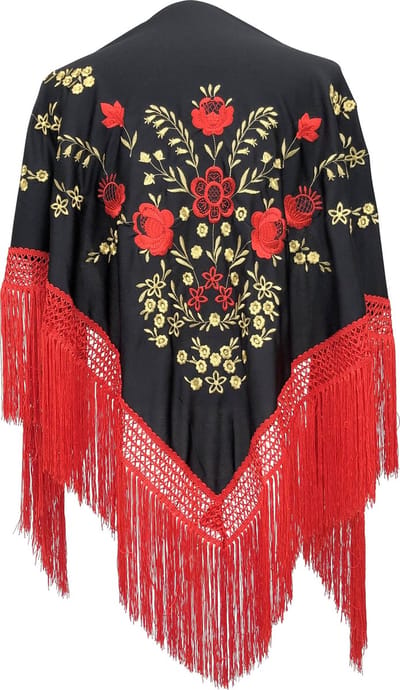 La Señorita - Spaanse manton - omslagdoek - zwart rood goud Large met rode franjes