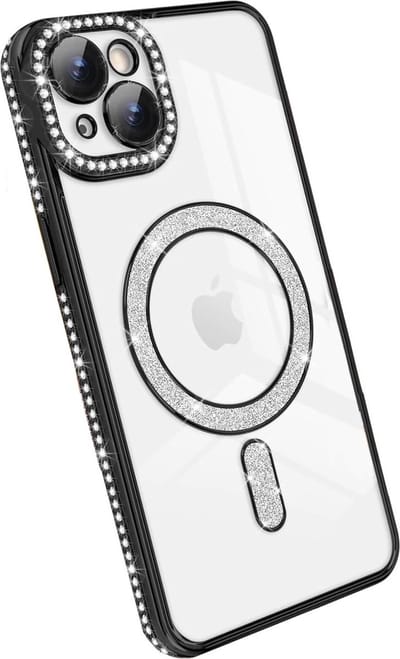 Hoesje met Diamantjes en Glitter geschikt voor iPhone 13 Magsafe - Glitter Hoesje met Diamantjes geschikt voor iPhone 13 - Zwart