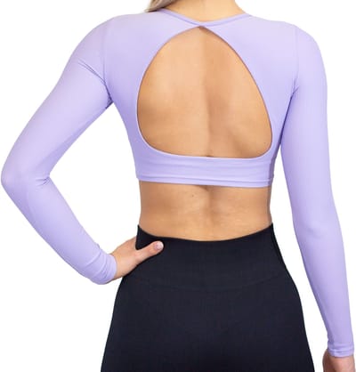 Fittastic Sportswear - Paarse sportshirt dames - Sport crop top Paars - Long sleeve backless sportshirt dames - Backless sport crop top met open rug - Maat M - Backless top - Yoga top - Hardloopshirt - Dames - Paars - Maat M