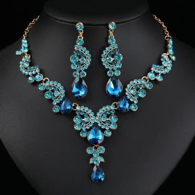 2 stuks/set Sieradensets Dames Blauw Elegant Waterdruppel Strass Hanger Ketting Oorbellen Bruidsjurk Bruids Sieradenset black